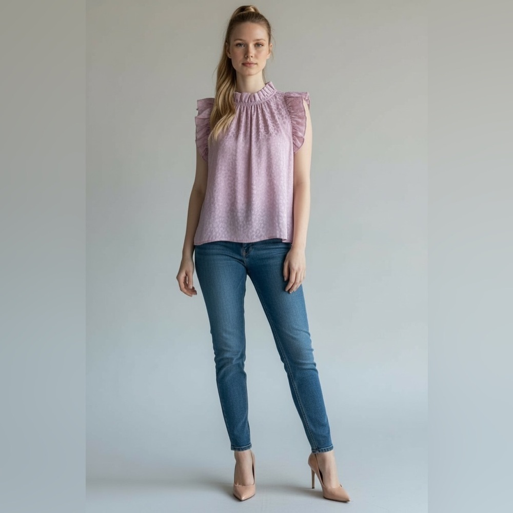 Karlie Lilac Leopard Jacquard Ruffle Sleeve Blouse Size Small - Picture 1 of 8